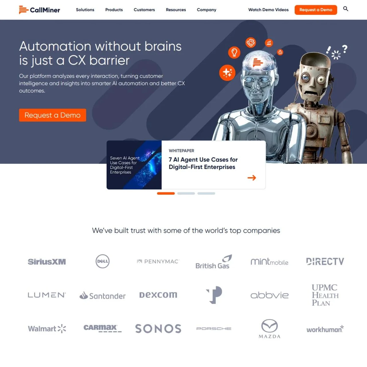 CallMiner homepage. Post-call speech analytics platform with RealTime and AI Assist modules.