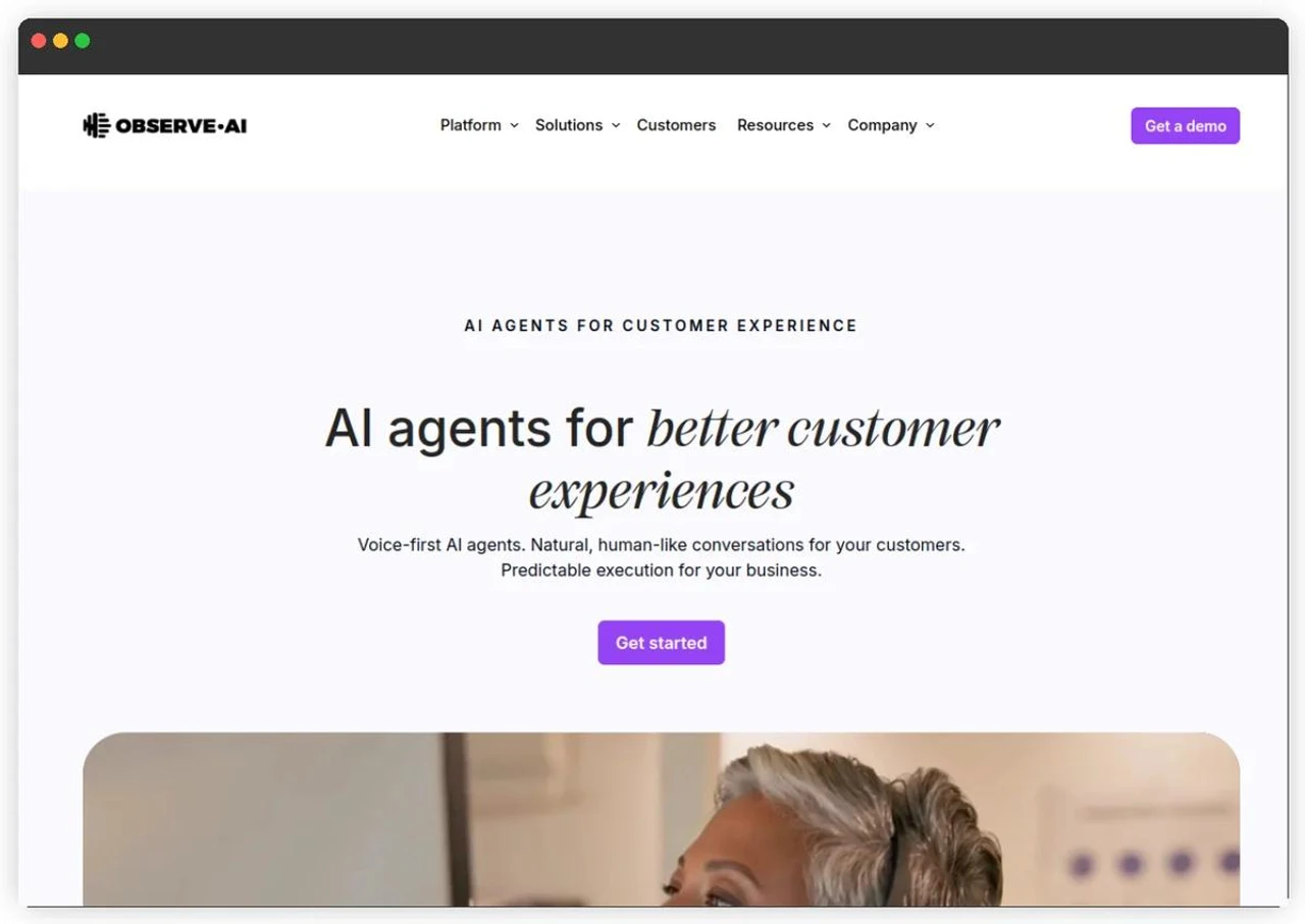 Observe.AI homepage. Contact-center AI platform with Real-Time AI, Post-Interaction AI, VoiceAI Agents, and Companion Agent.