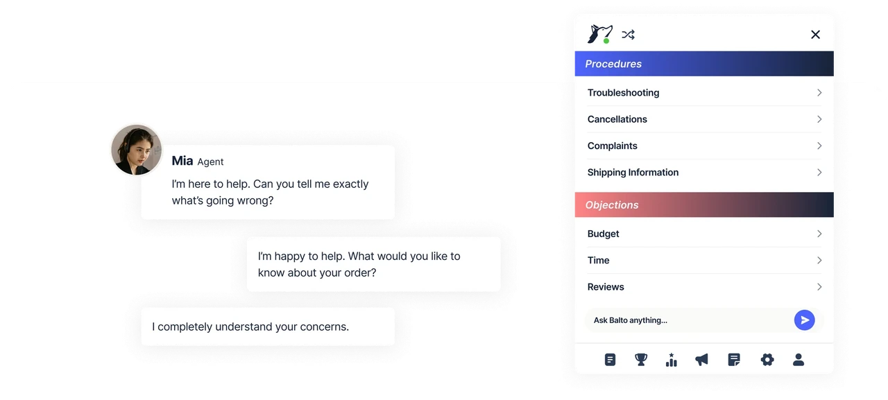 Balto Agent Assist: live agent screen with Procedures, Objections, and Ask Balto.