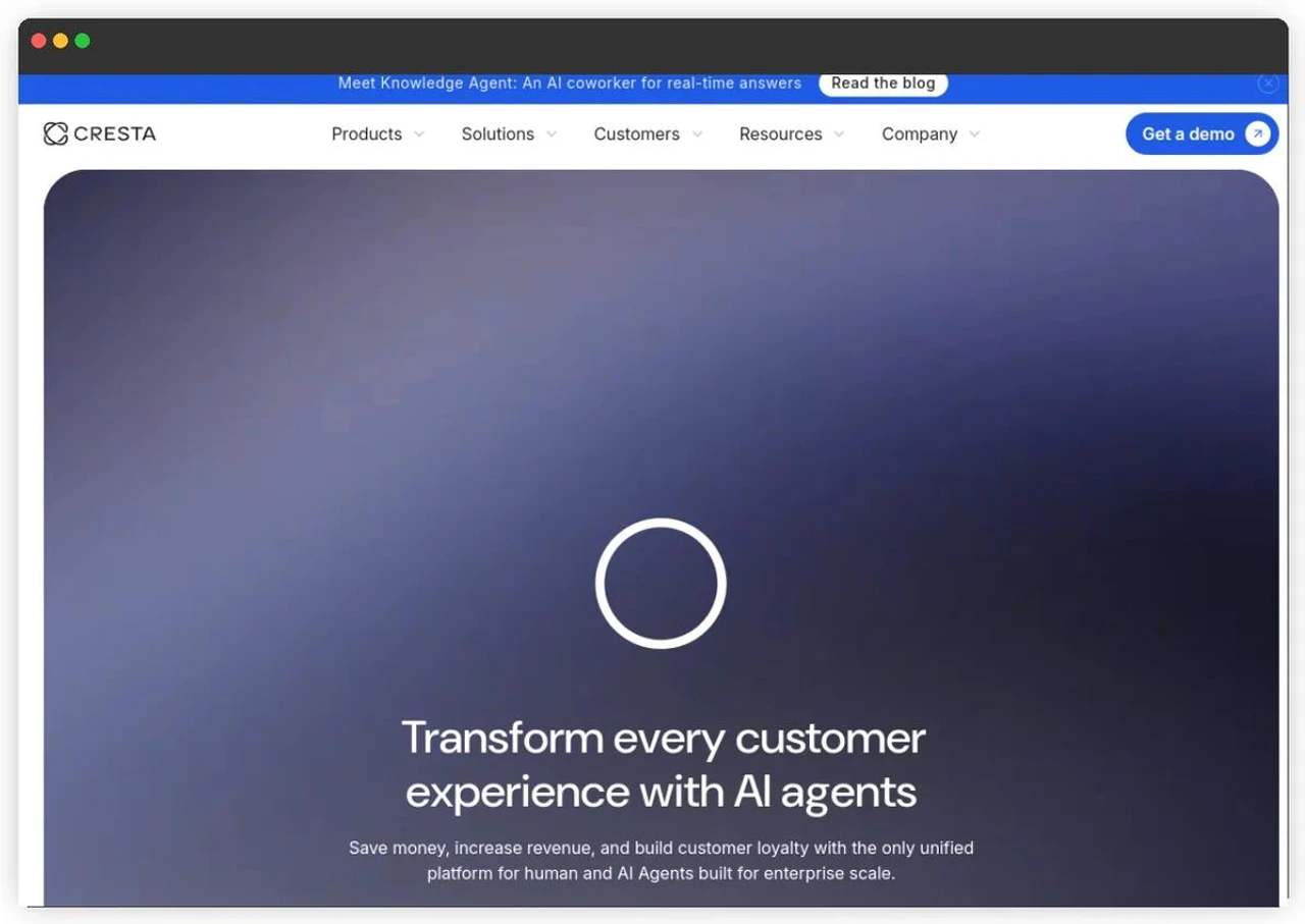 Cresta homepage. Full-suite agentic CX platform with Conductor developer tooling (June 2026).