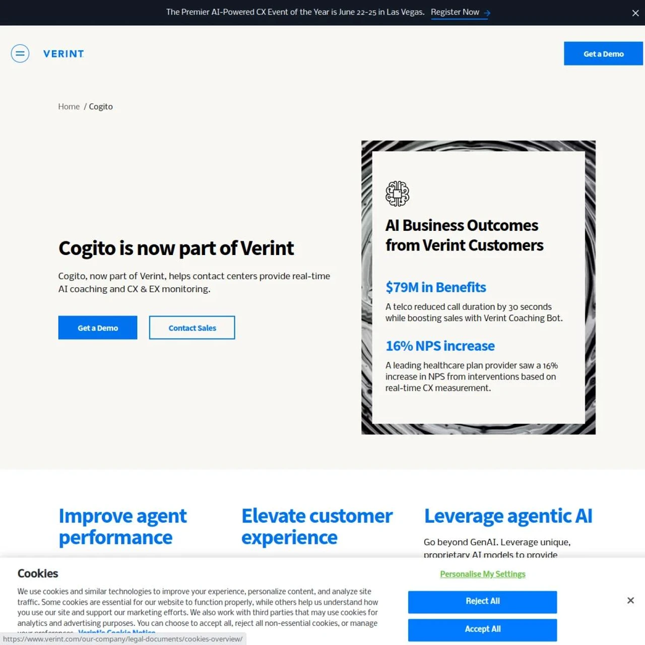 Cogito product page on verint.com following the October 2024 acquisition.