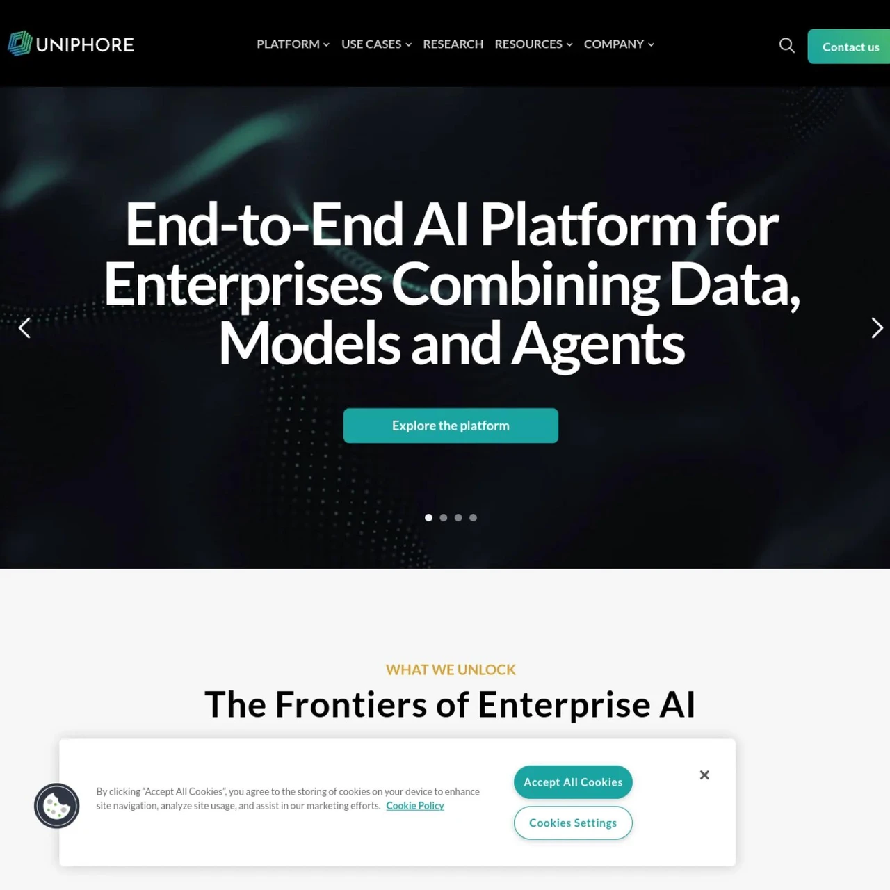 Uniphore homepage. Business AI Cloud platform spanning conversational AI, CDP, RPA, and data fabric.