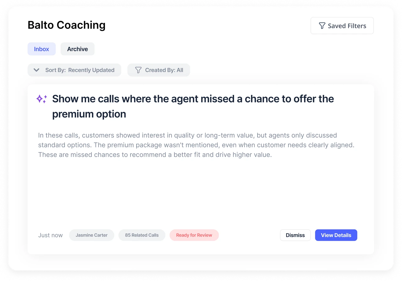 Balto coaching inbox flagging an AI-found coaching opportunity where an agent missed a chance to offer the premium option