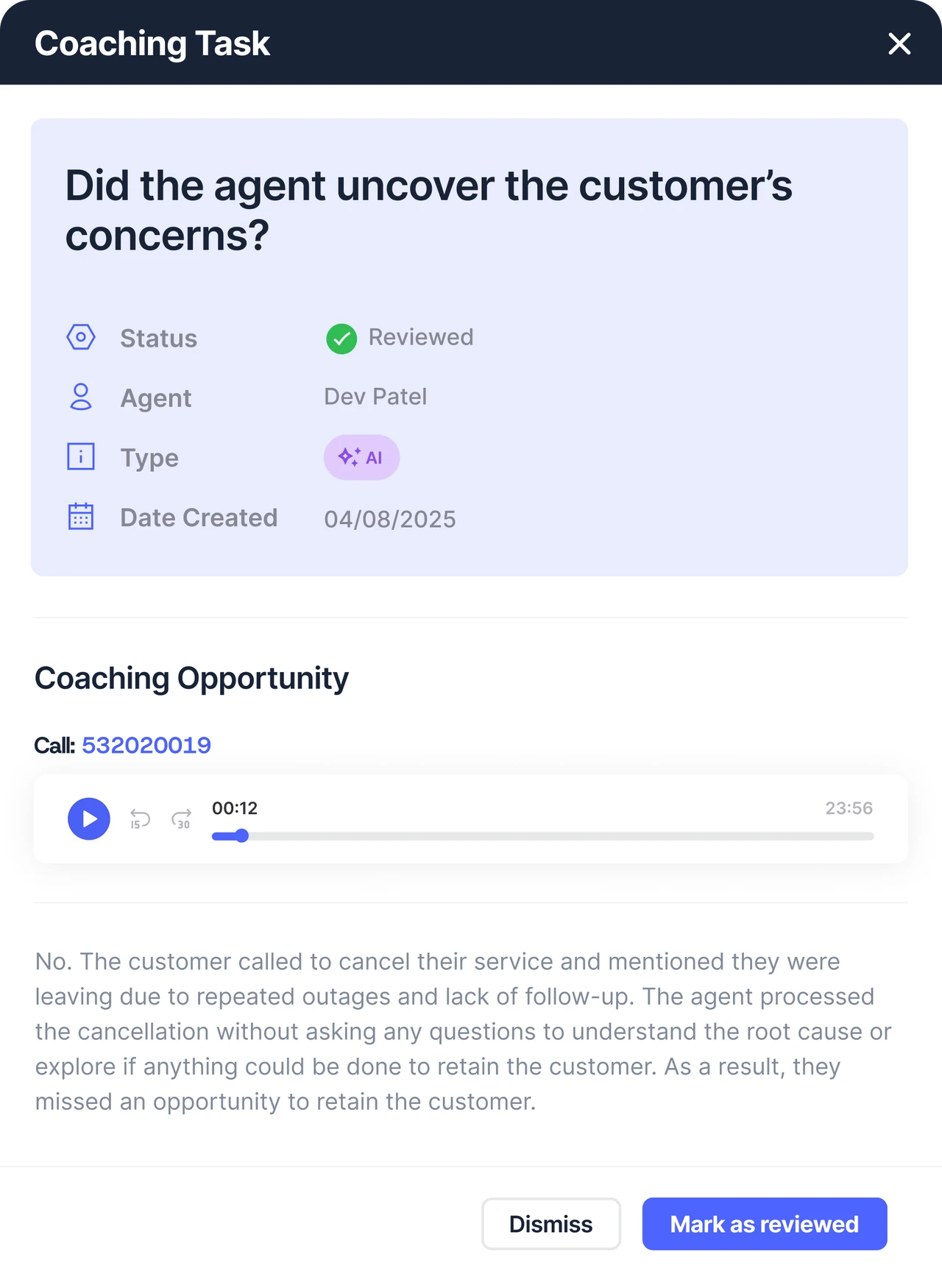 Ready-made coaching task in Balto with the recording and an AI review of the agent's conversation