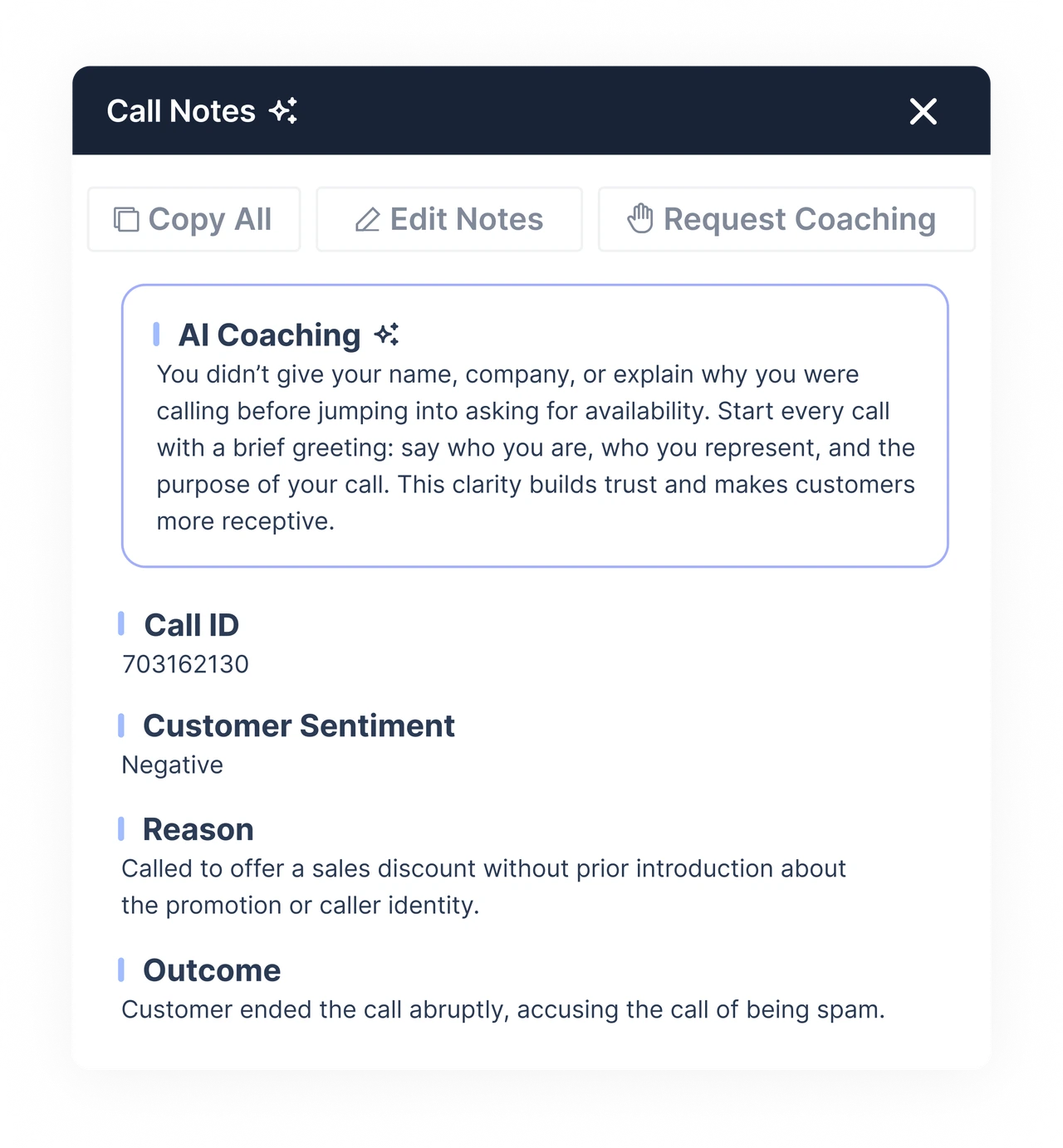 AI-generated coaching notes in Balto, showing customer sentiment and a call summary for an individual agent's conversation