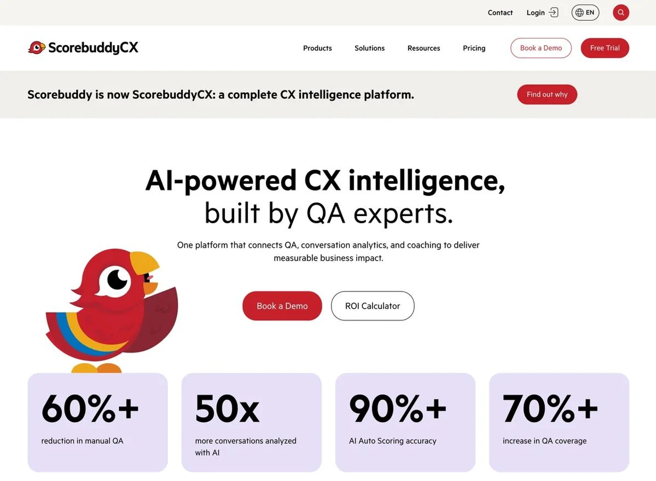 Scorebuddy homepage. Contact center quality assurance platform with newer ScorebuddyCX AI extension.