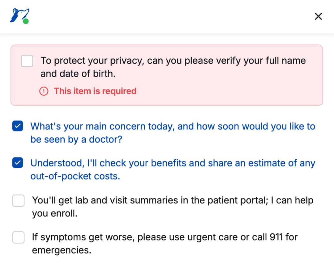 Live agent checklist flagging a required disclosure in real time