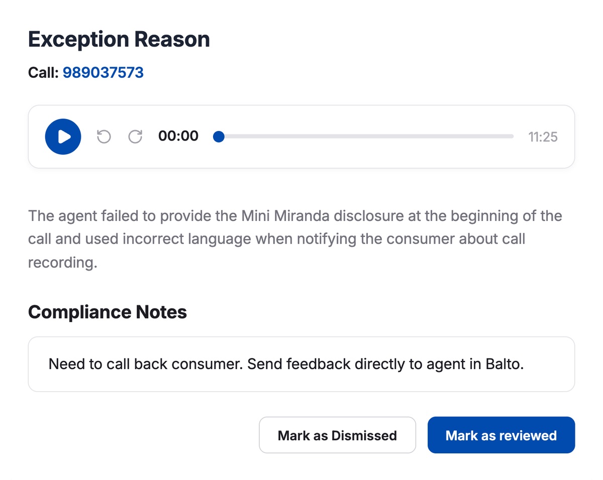 Compliance review panel with dismiss and mark-as-reviewed actions