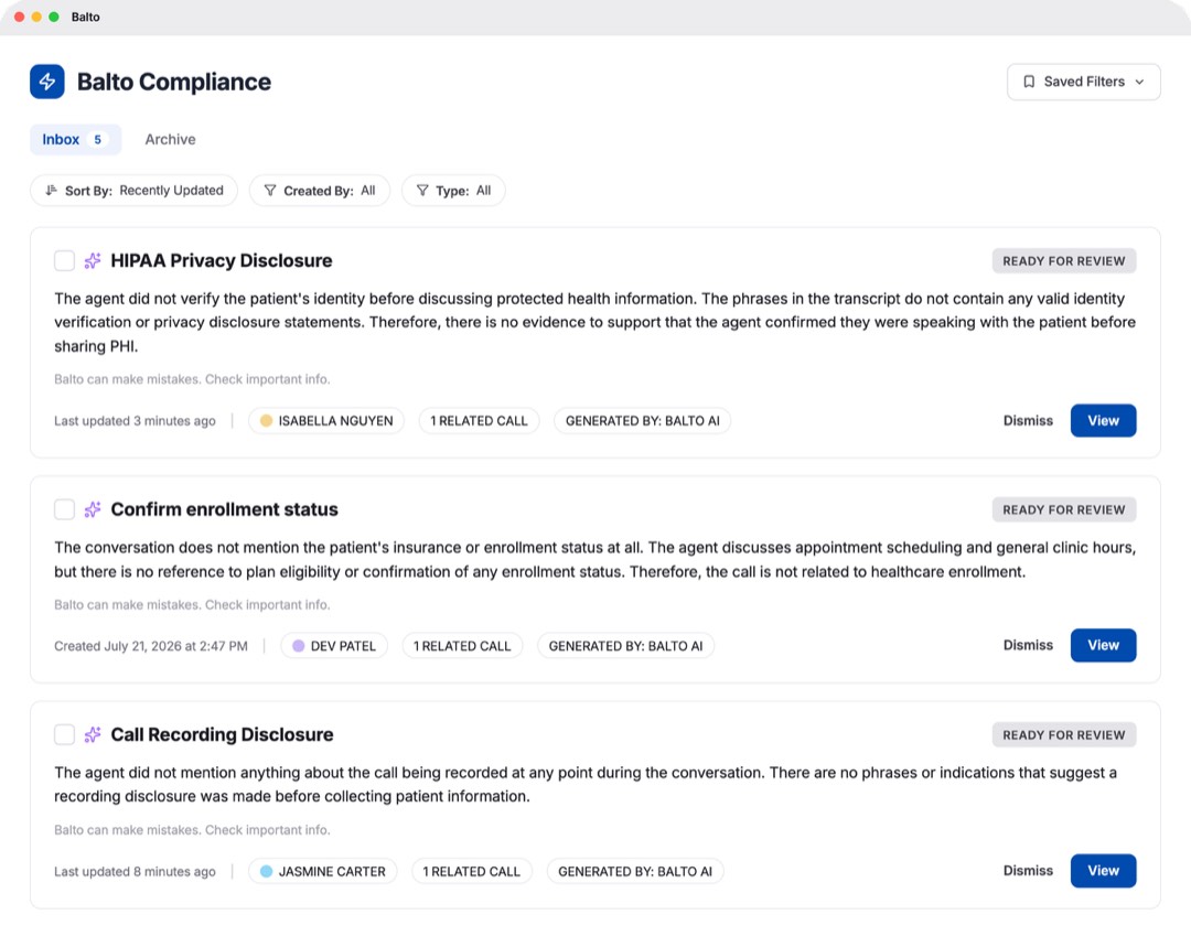 Balto Compliance inbox with AI-flagged calls ready for review