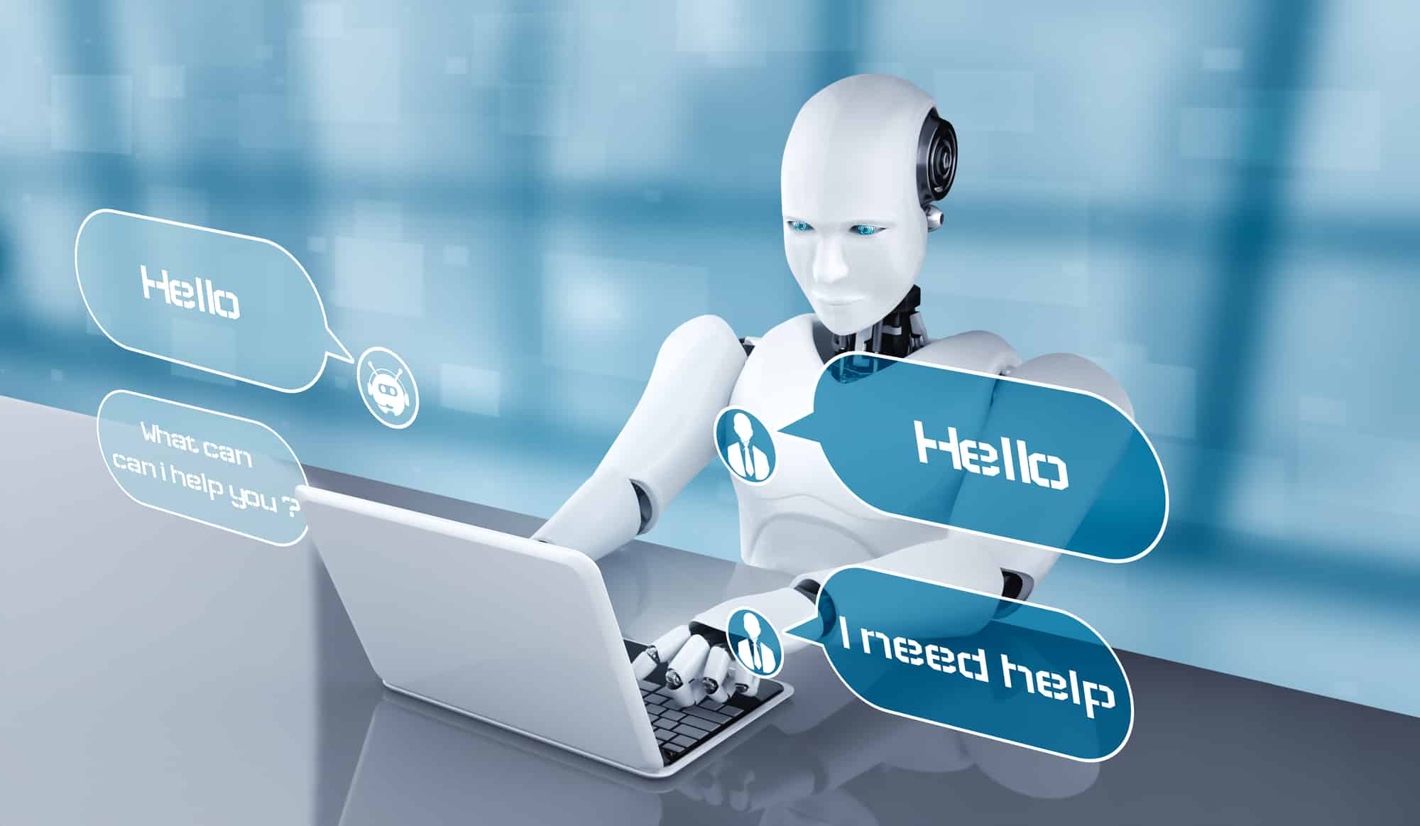 AI robot using computer to chat with customer. Concept of chat bot service providing help and smart information in social media and e-commerce application. 3D rendering illustration.