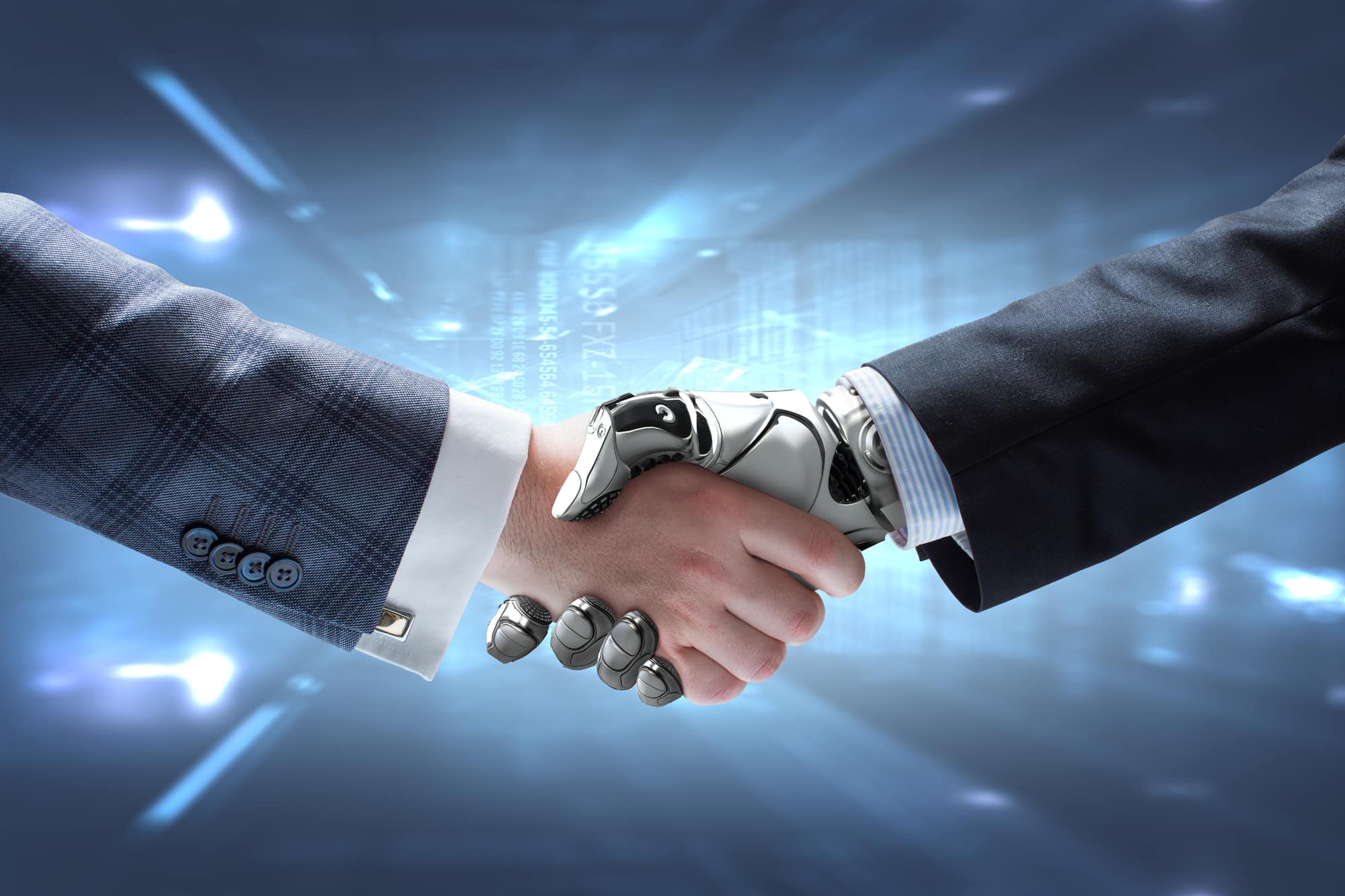 A graphic of a human and robot shaking hands, both dressed in professional clothing.