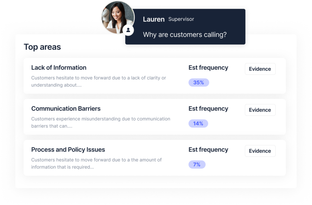 Balto contact center insights product example with common call reasons.