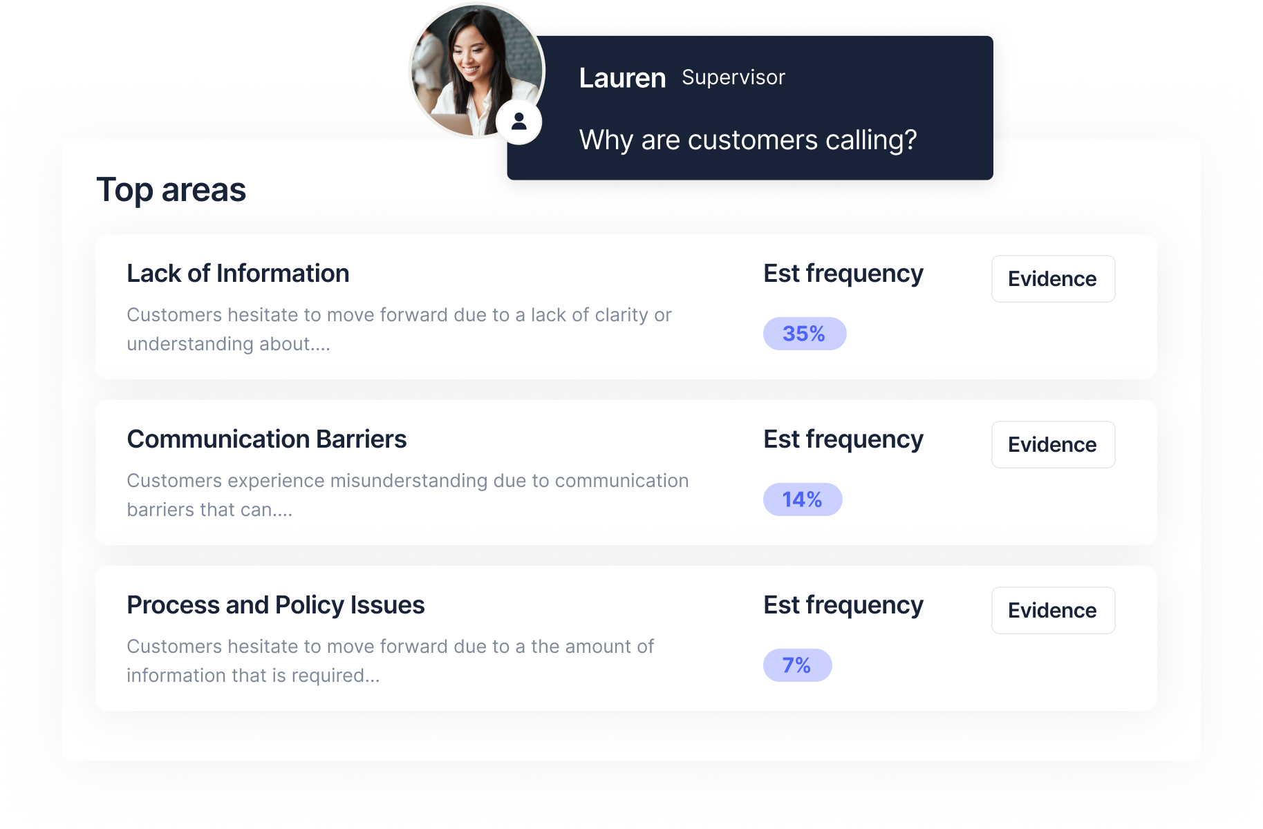 Balto contact center insights product example with common call reasons.