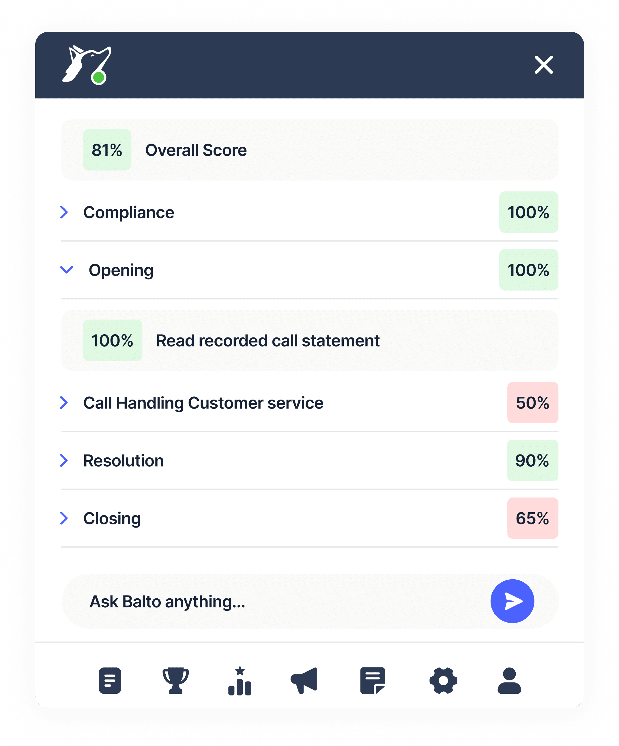 Product image of Balto’s Agent Assist showing real-time coaching suggestions and QA scoring delivered directly to agents, with examples like compliance checks, recording statements, product overview, and closing steps; includes gamification elements