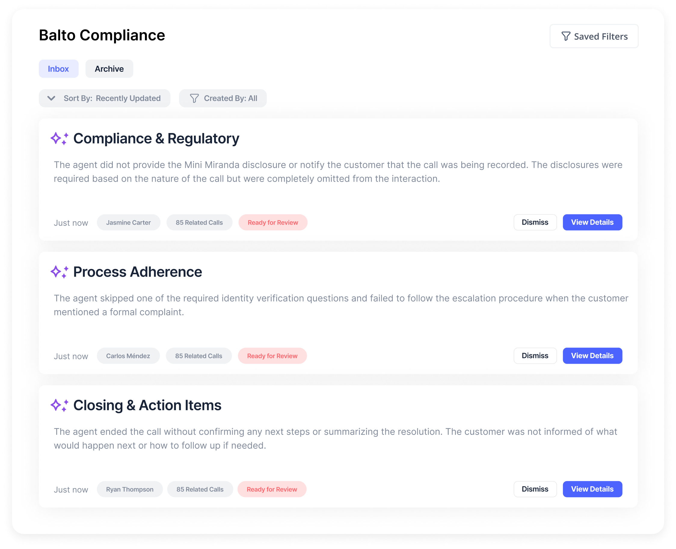 Product image showing Balto’s compliance inbox with flagged conversations, where AI has scanned calls for legal issues and regulatory alerts across 100% of interactions
