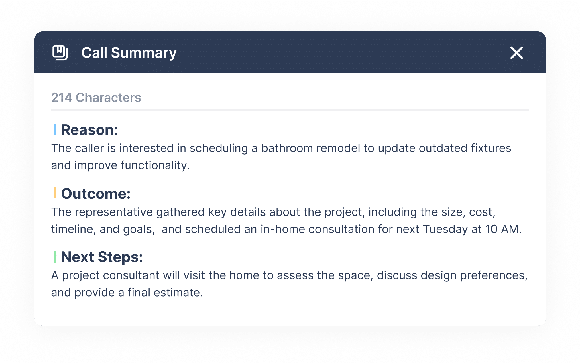Balto’s Notetaker shows an AI-generated summary of a home improvement call, highlighting key conversation topics.

