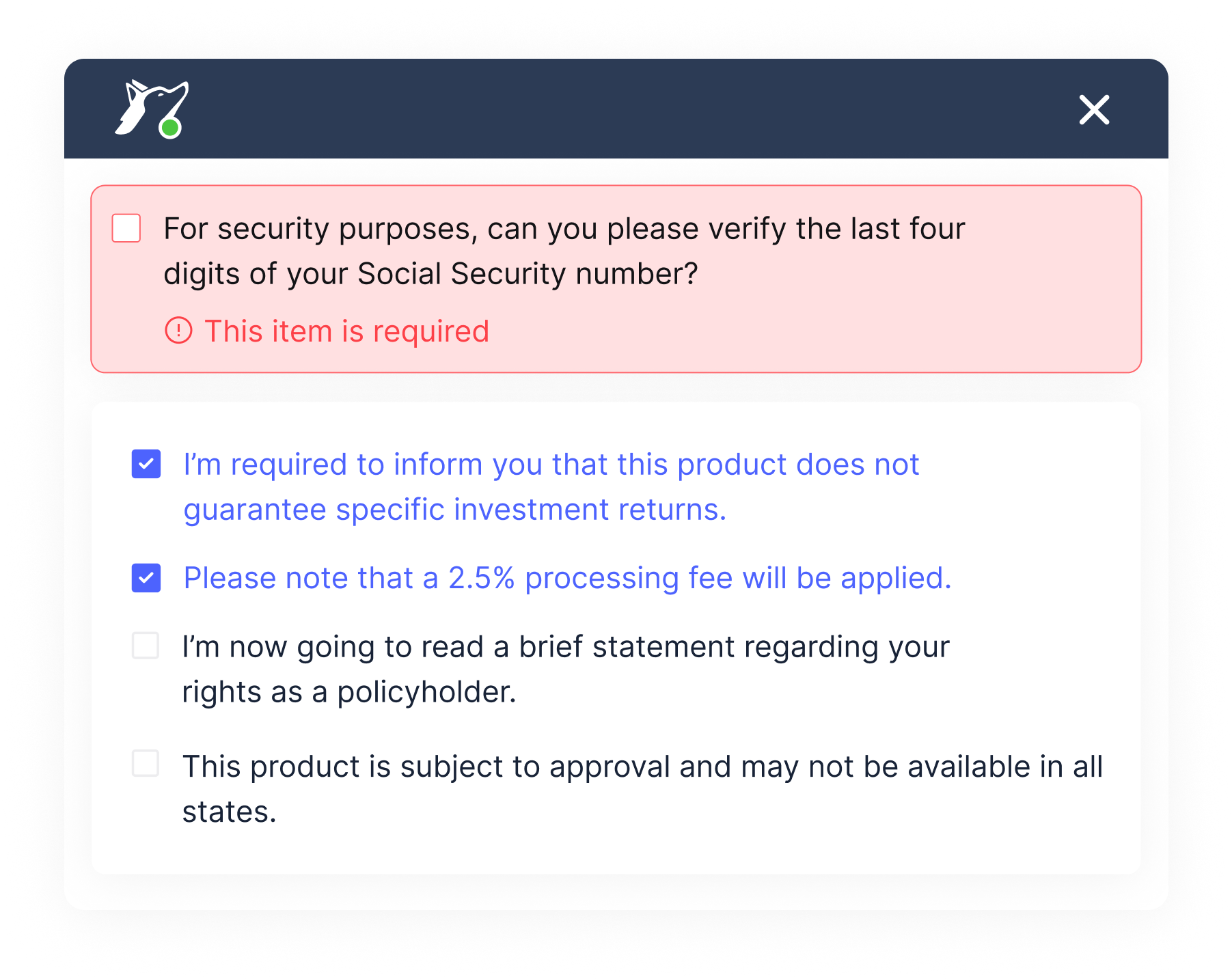 Product image showing Balto’s real-time compliance alerts notifying agents of potential risks during a live call, with prompts to take corrective action
