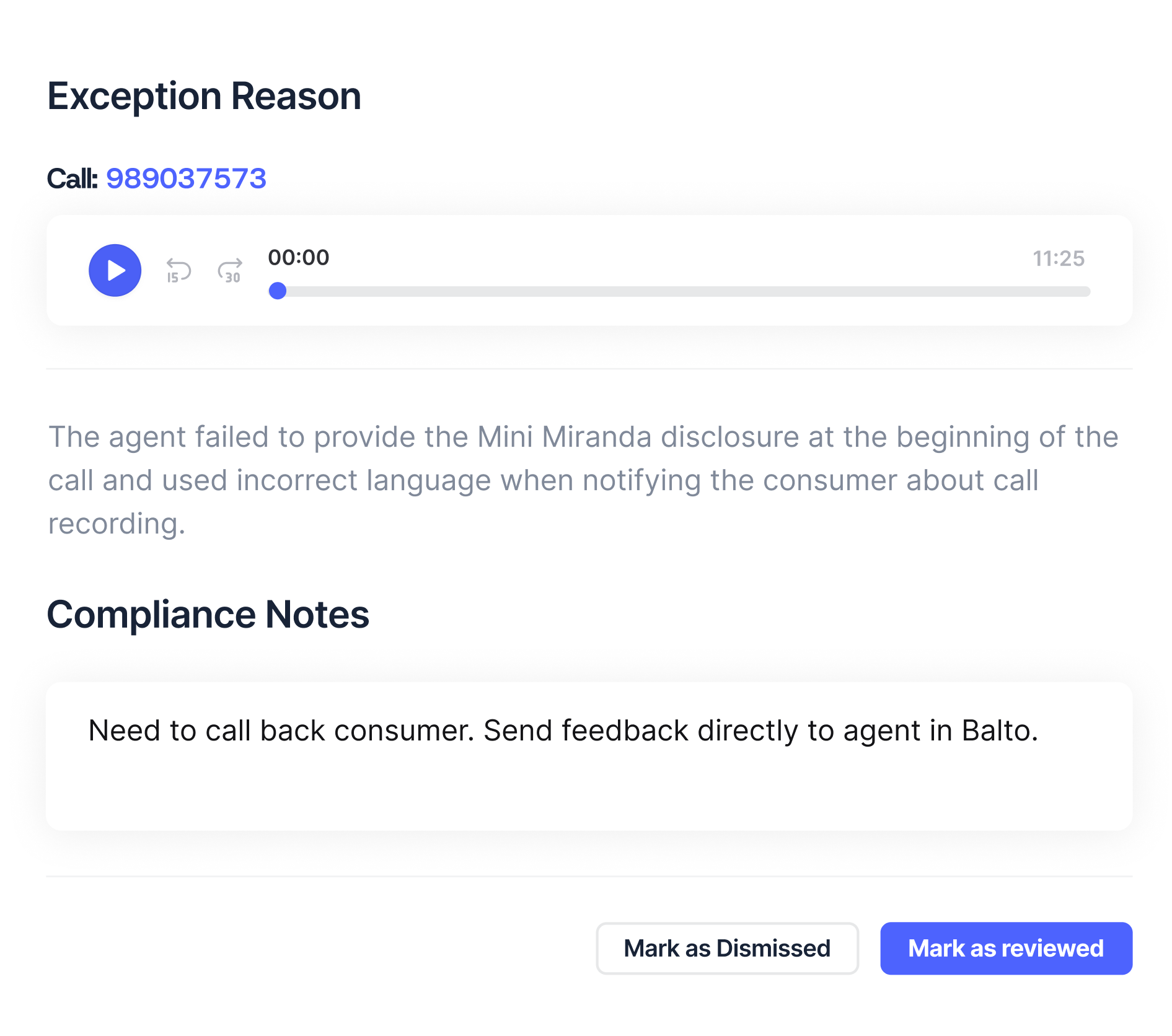 Product image showing Balto’s compliance dashboard with options to accept, decline, reject, or escalate flagged compliance issues for fast resolution
