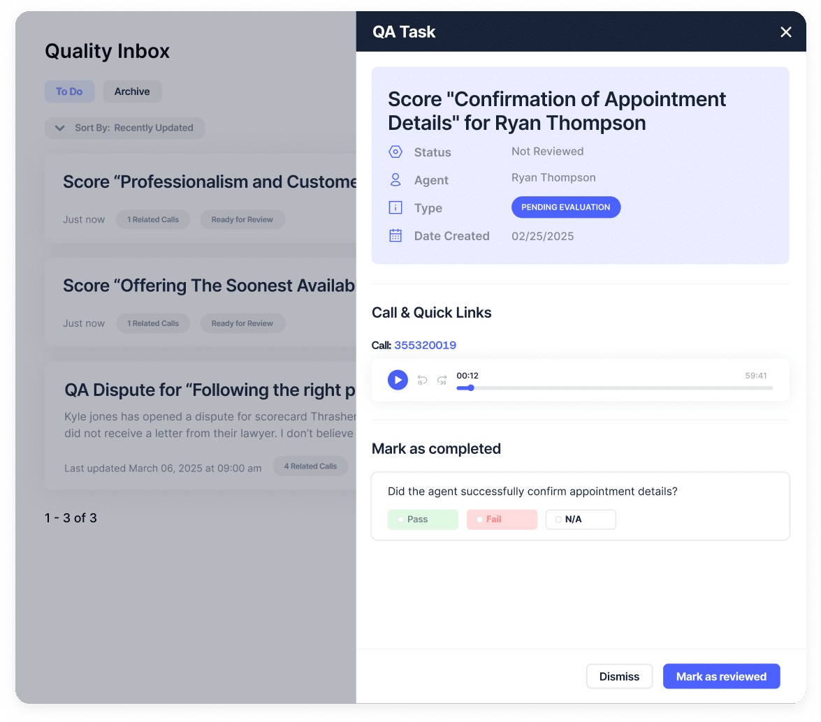 Product image of Balto’s Contact Center QA dashboard, featuring a manual QA task to review “Confirmation of appointment details” for agent Ryan Thompson, with call recording playback and options to score the review positively or negatively; the background shows the QA inbox