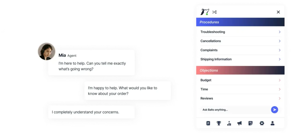 Image featuring a contact center agent alongside Balto’s Real-Time Agent Assist interface, with text bubbles showing guided questions and a product view displaying procedures, objection handling, AI-surfaced answers, and search features