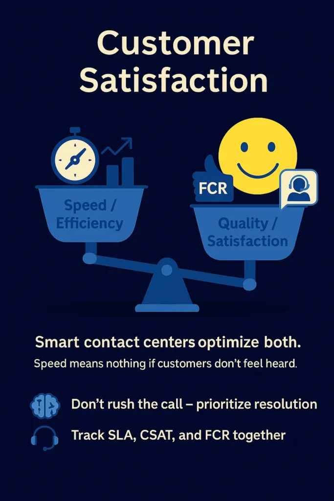 Balance call center service level with customer satisfaction by emphasizing quality and satisfaction alongside speed and efficiency.