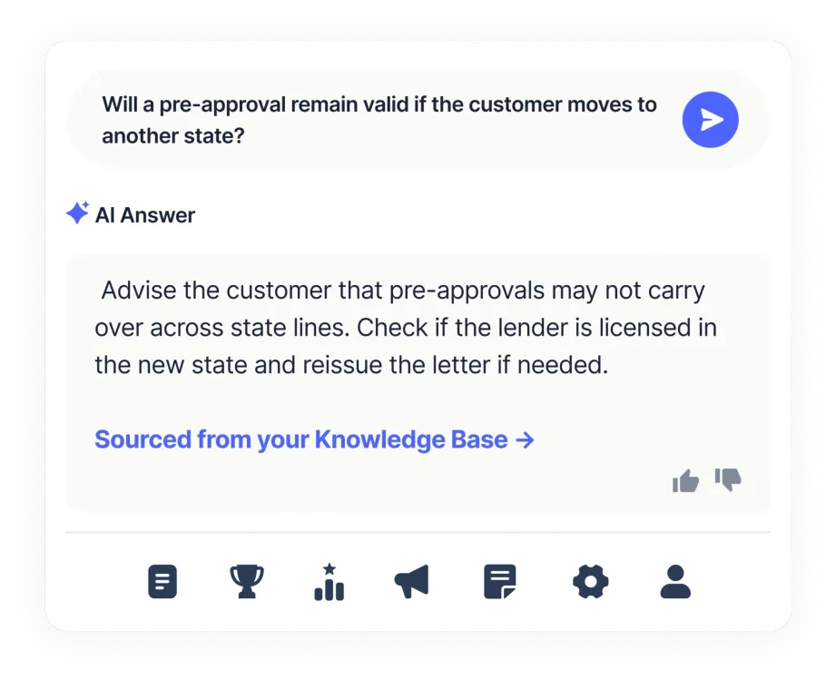 Product image showing Balto’s AI Answers surfacing a response to a preapproval question during a live call, with the answer pulled automatically from the knowledge base