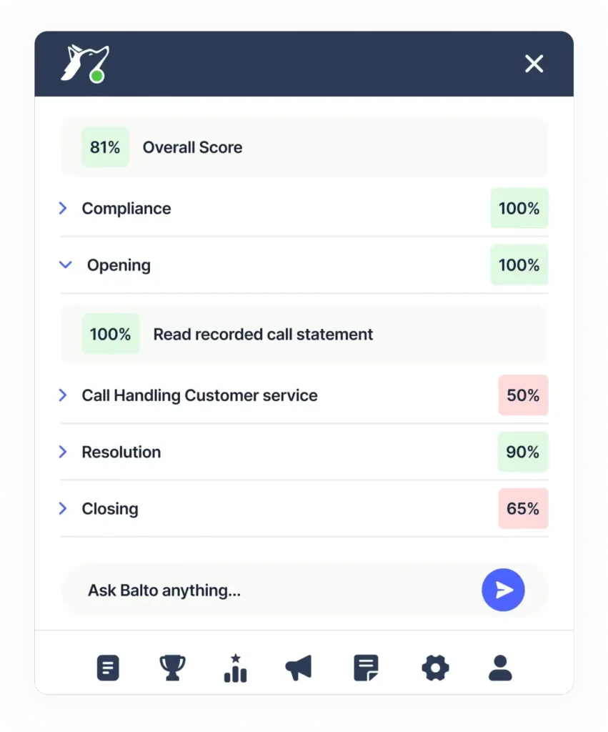 Product image of Balto’s Agent Assist showing real-time coaching suggestions and QA scoring delivered directly to agents, with examples like compliance checks, recording statements, product overview, and closing steps; includes gamification elements
