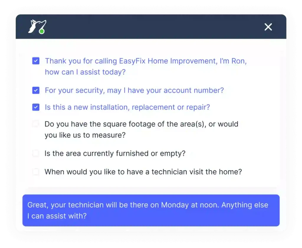 Balto product interface showing a dynamic checklist for home improvement calls, with items like opening statement, security questions, account verification, and appointment confirmation automatically checked off as agents progress through the conversation