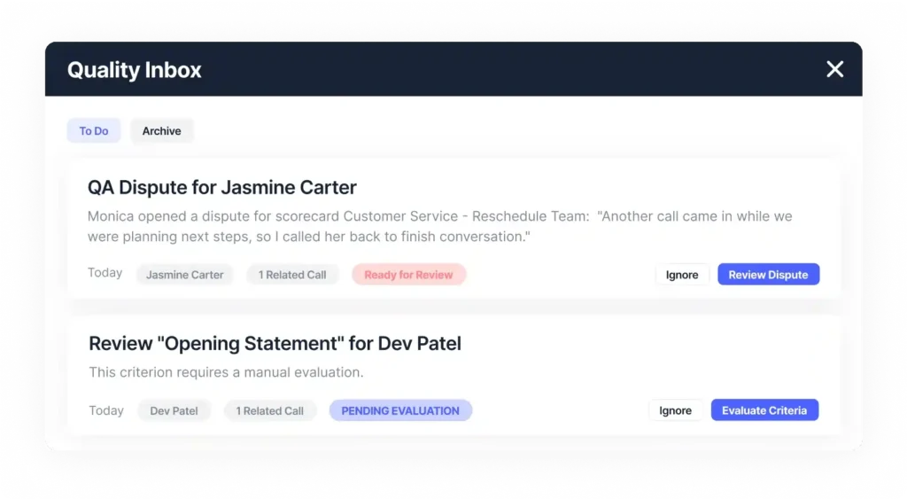 Product image showing Balto’s Quality Assurance Supervisor Inbox with a list of QA tasks, including disputes and calls flagged for review, displayed in a centralized dashboard for contact center supervisors