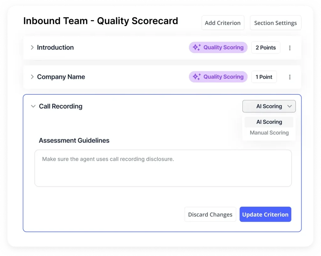 Product image showing Balto’s customizable quality scorecard for inbound contact centers, with scoring items like introductory statement, company name, and call recording disclosure, alongside assessment guidelines
