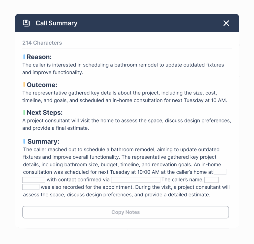 Balto Notes interface showing call summaries with sensitive information like PCI and PHI automatically masked to protect customer privacy and ensure compliance

