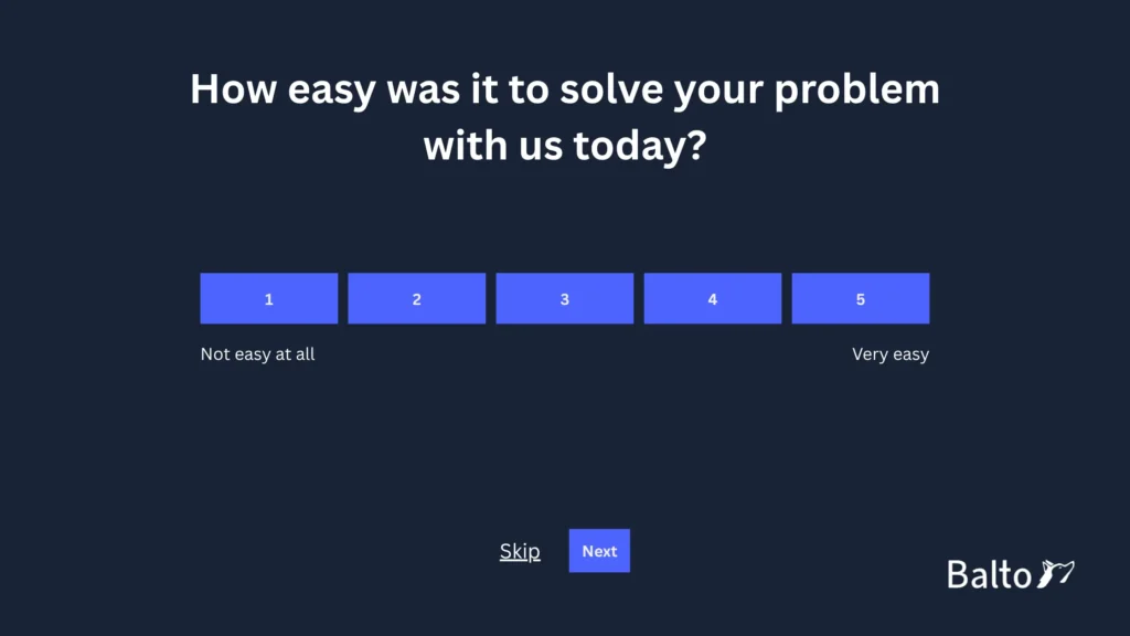 A 5-point Customer Effort Score (CES) calculation asks a customer how easy it was to solve their problem today