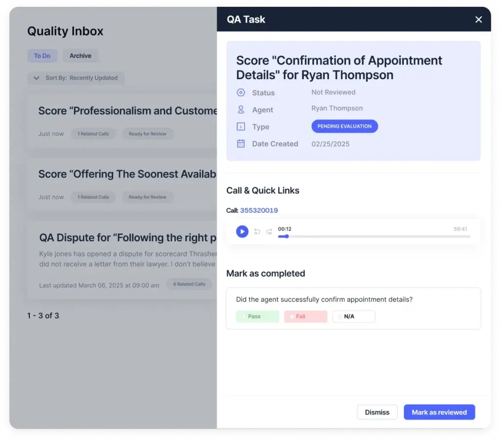 Product image of Balto’s Contact Center QA dashboard, featuring a manual QA task to review “Confirmation of appointment details” for agent Ryan Thompson, with call recording playback and options to score the review positively or negatively; the background shows the QA inbox
