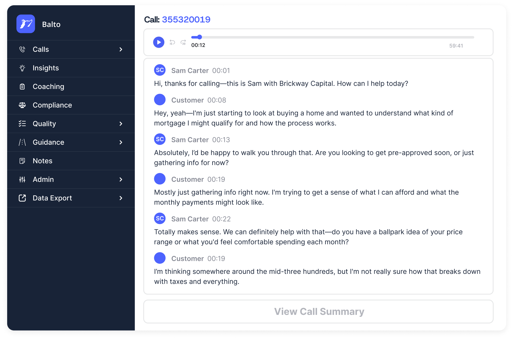 Balto’s Notes feature with intelligent call summaries attached to call recordings, helping supervisors quickly understand call context without listening to full recordings.

