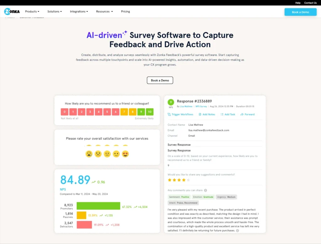 Zonka Feedback dashboard showing AI-driven survey feedback, NPS score, and sentiment insights