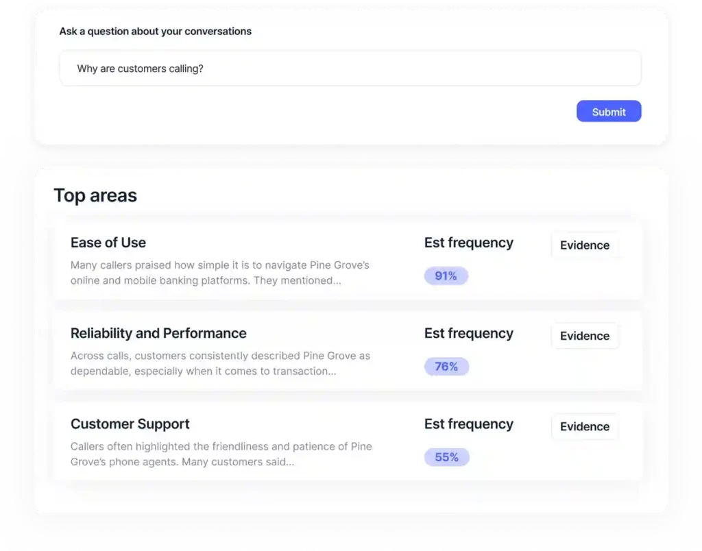 Balto gives you the full story of each conversation, highlighting top areas for improvement and letting you search through conversations for patterns and coaching opportunities.