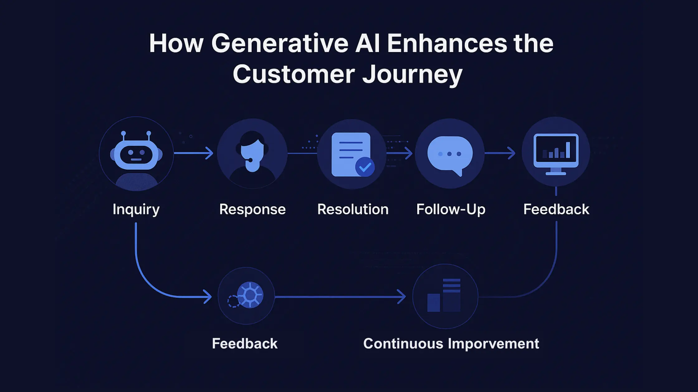 Infographic showing how generative AI enhances the customer journey, with stages from Inquiry to Feedback and a lower loop for Continuous Improvement, illustrating AI-driven insights that optimize each stage of customer interaction.