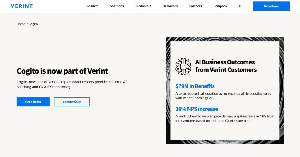 Cogito, now part of Verint, is shown in a banner as part of a blog that lays out the top 10 Calabrio alternatives and competitors for contact center optimization.