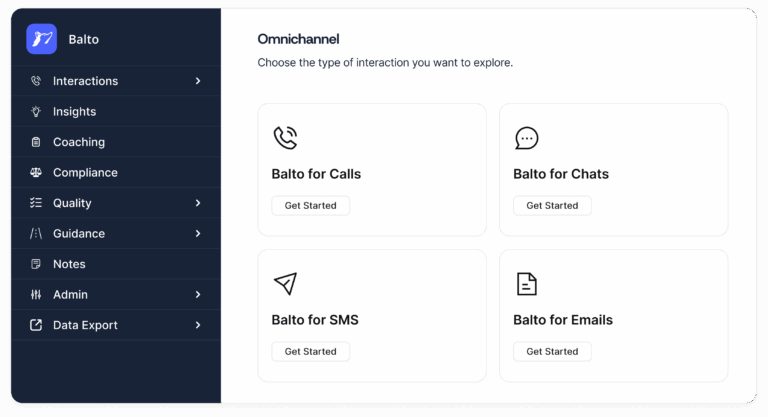 Balto AI omnichannel contact center solution dashboard displaying voice, chat, email, and SMS channels in one workspace for real-time guidance and quality automation.