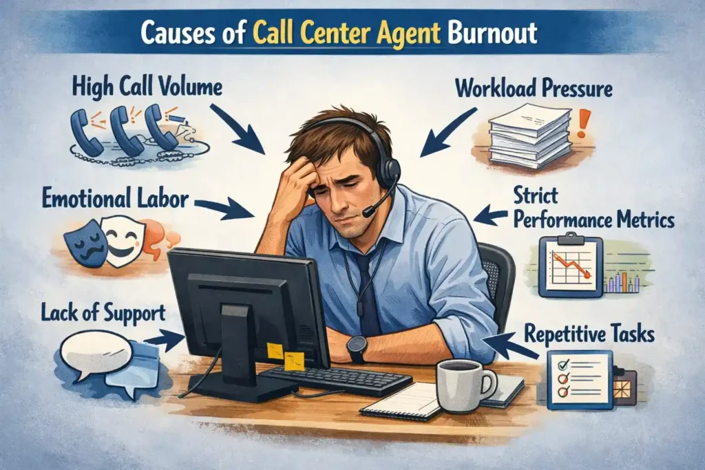 The most common causes of contact center agent burnout are high call volume and workload pressure, emotional labor, strict performance metrics, lack of support, and repetitive tasks and scripts.