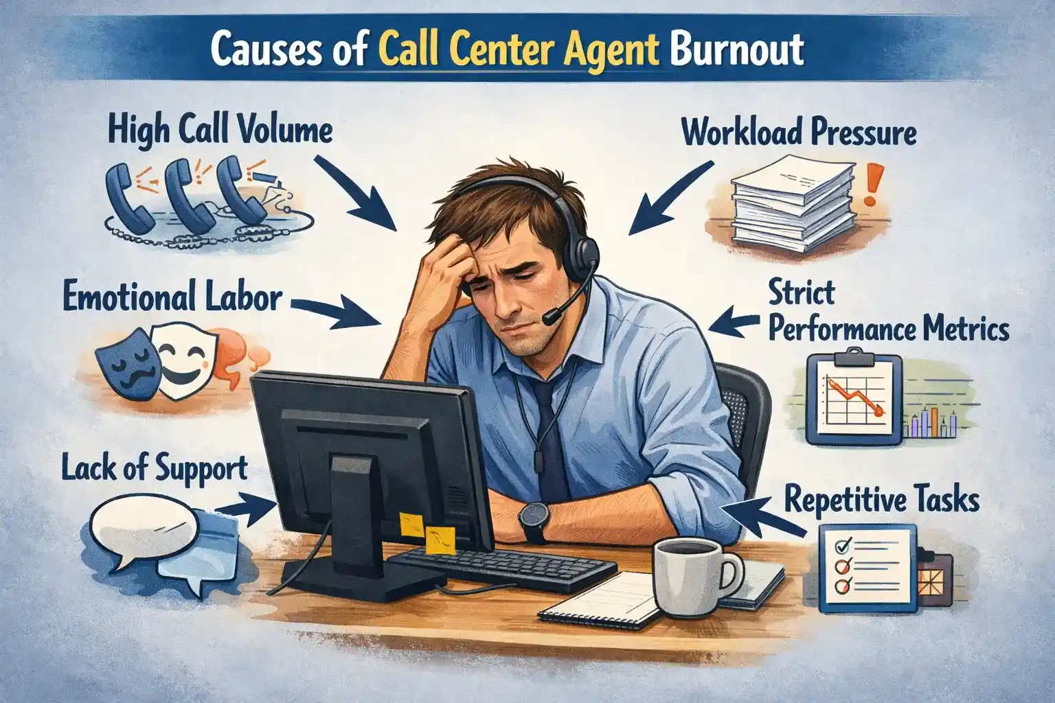 The most common causes of contact center agent burnout are high call volume and workload pressure, emotional labor, strict performance metrics, lack of support, and repetitive tasks and scripts.