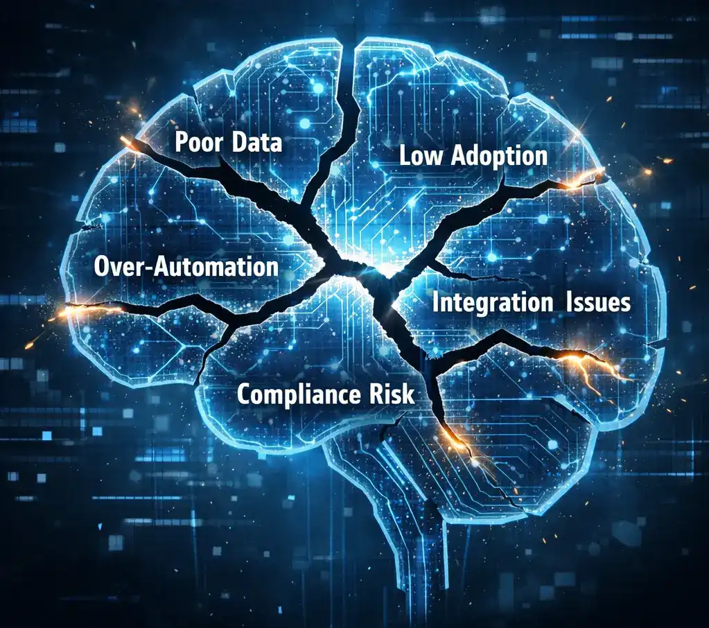 The challenges and risks of AI in sales include data quality and reliability; adoption and trust among agents; over-automation and loss of human judgement; integration and operational complexity; data privacy, security, and compliance; and, measuring ROI and proving impact.